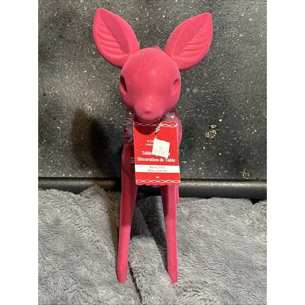 NWT Ashland Pink Flocked Tabletop Deer Christmas Holiday 11.5” Velvet Soft Decor